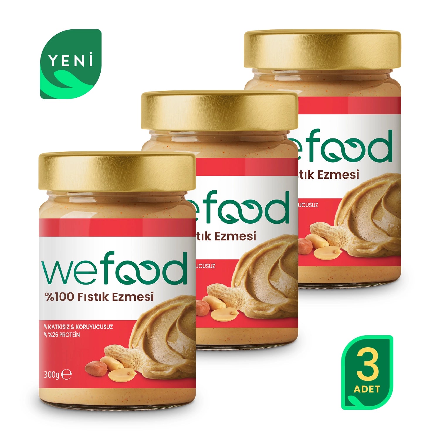 Wefood Şeker İlavesiz Sade %100 Fıstık Ezmesi 300 gr 3'lü